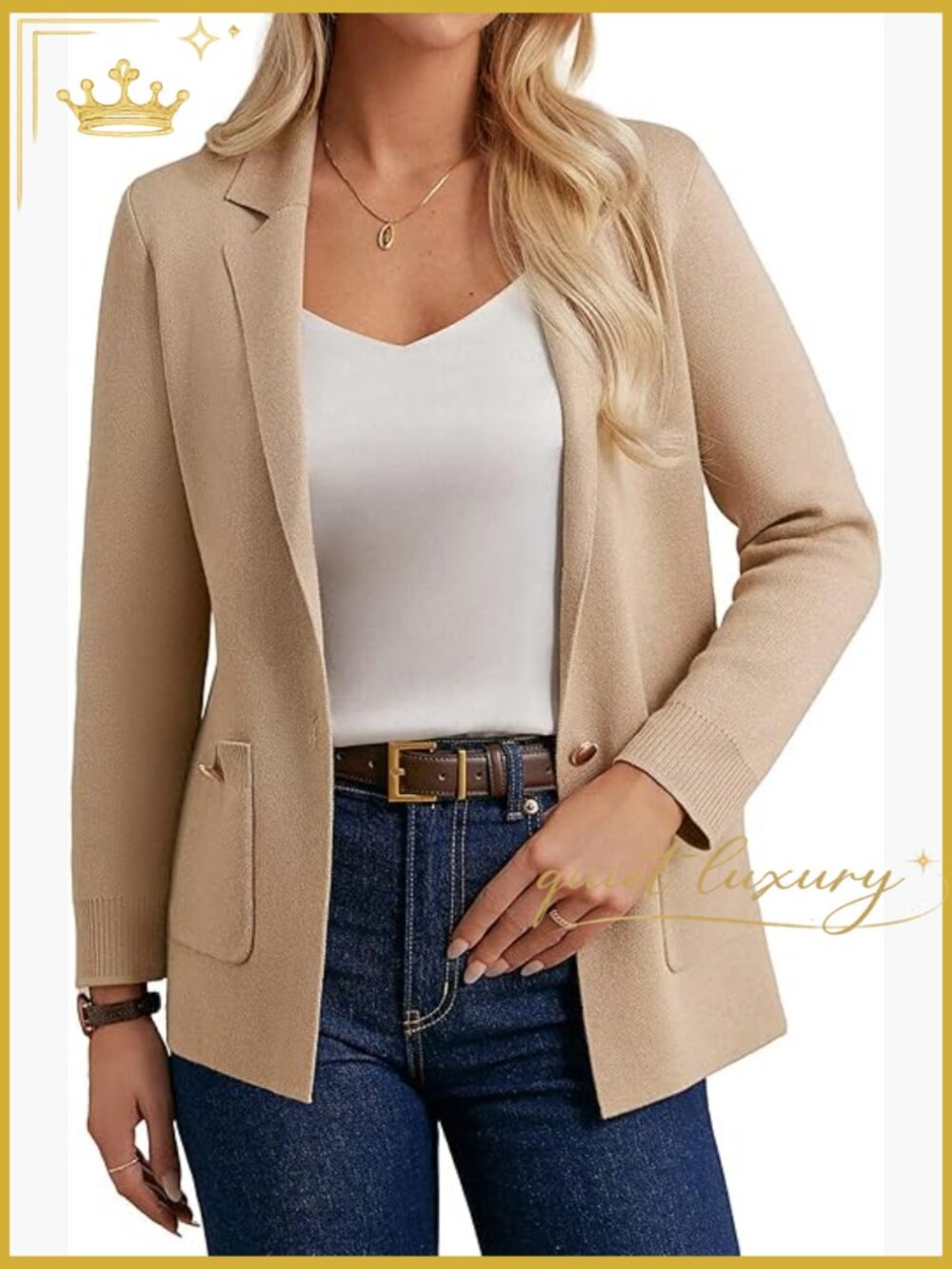 Women Knit Blazer Cardigan Open Front Long Sleeve Work Jacket with Pockets